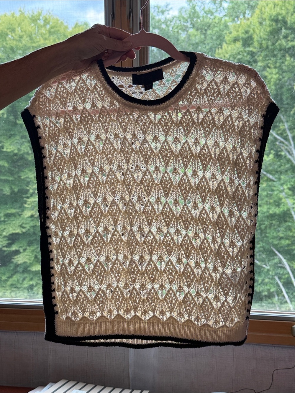 Zara Cream Open-Knit Sweater Vest with Black Trim